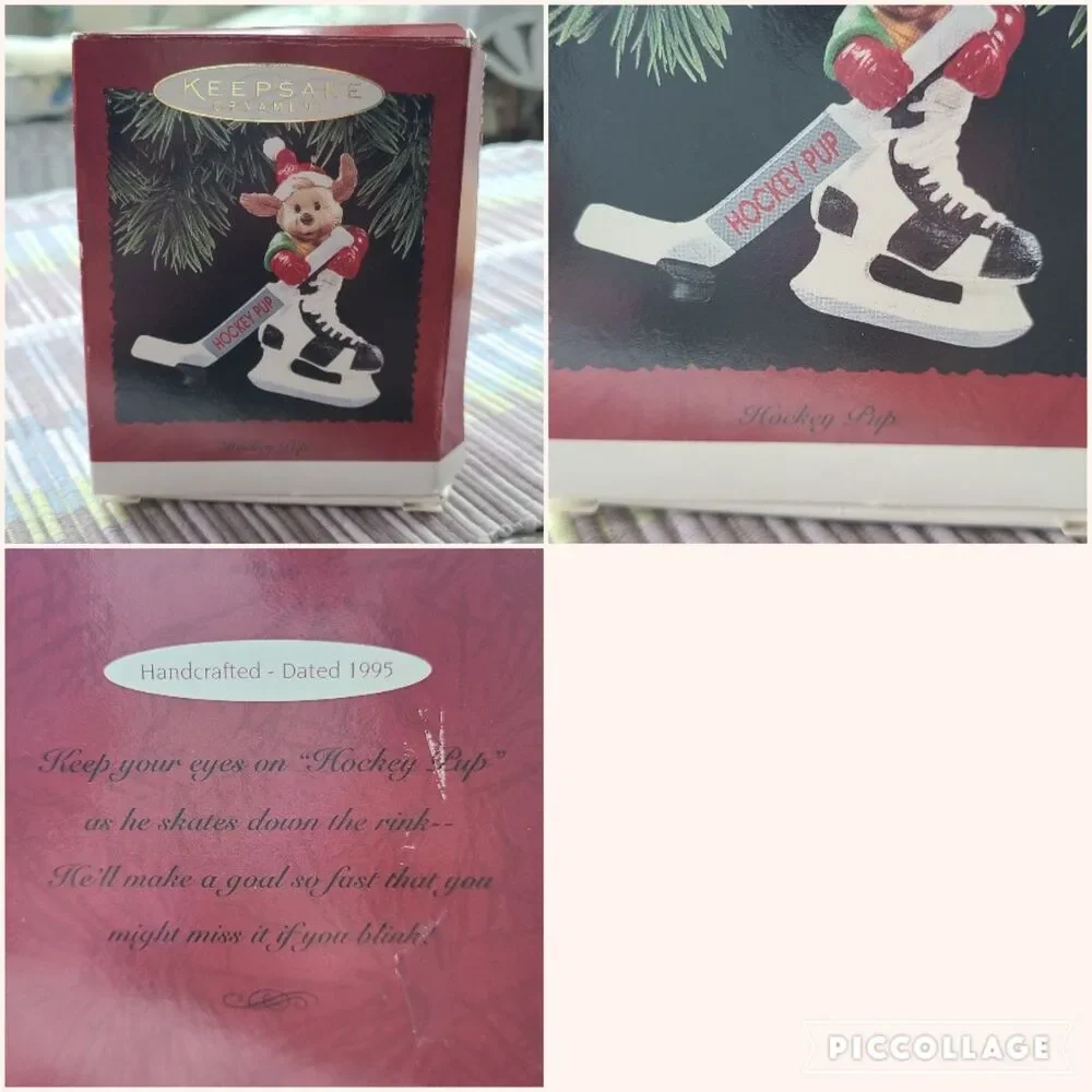 Vintage Hallmark Keepsake Ornament Hockey Pup Dog Skating Hockey Stick 1995